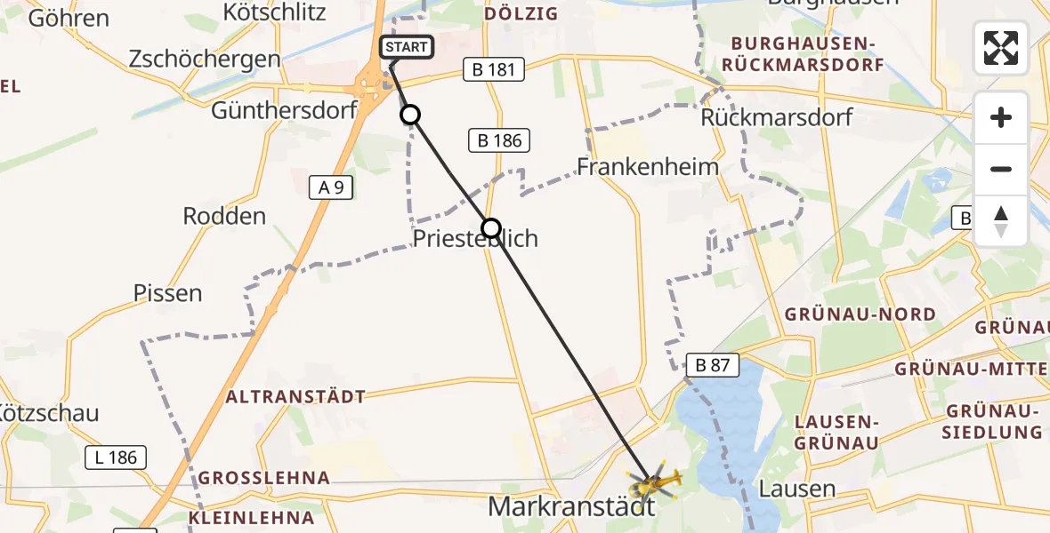 Flugroute Rettungshubschrauber ADAC Air Rescue Station Leipzig/Schkeuditz-Dölzig Hubschrauberlandeplatz (Christoph 61) - Markranstädt, 28 Juli 2026, 05:36