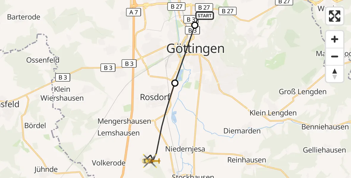 Flugroute Rettungshubschrauber Göttingen University Clinic Hubschrauberlandeplatz - Rosdorf, 28 Juli 2026, 05:55