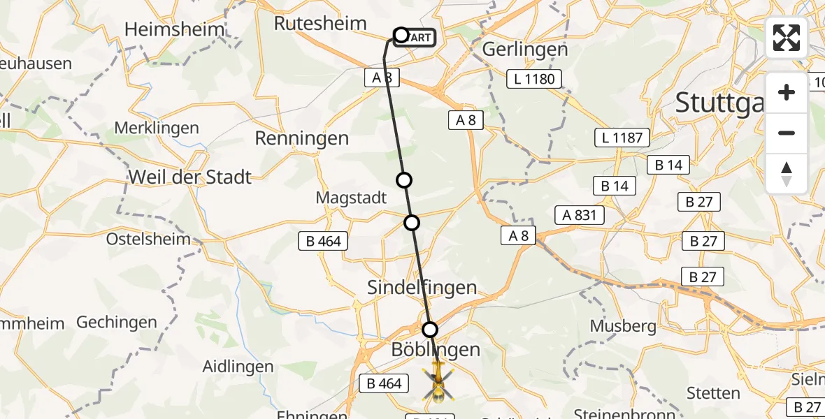 Flugroute Rettungshubschrauber Leonberg Hospital - Böblingen, 28 Juli 2026, 06:01