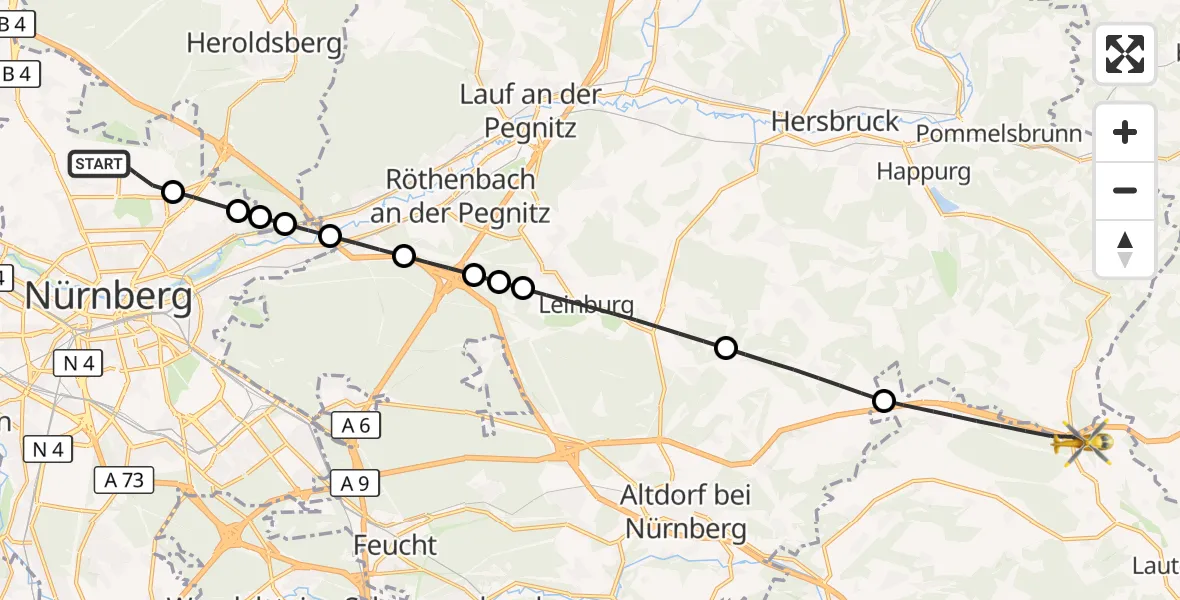 Flugroute Ambulanzhubschrauber Flughafen Nuremberg - Lauterhofen, 28 Juli 2026, 06:10