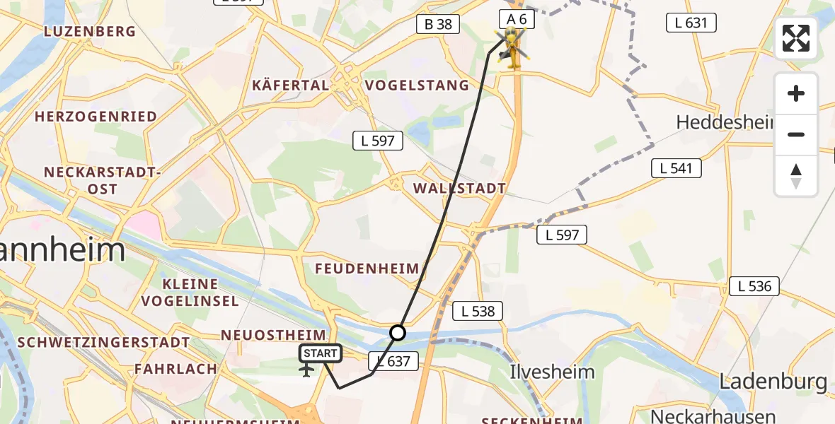 Flugroute Rettungshubschrauber Mannheim-City Flughafen - Mannheim, 28 Juli 2026, 06:15