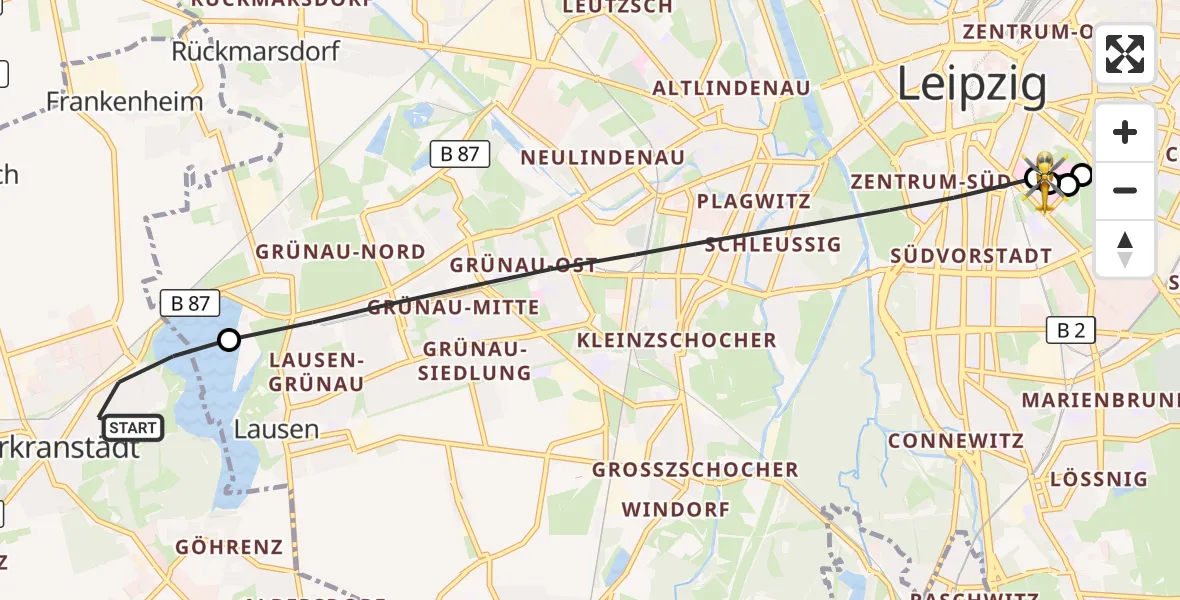 Flugroute Rettungshubschrauber Markranstädt - Leipzig University Hospital Heliport 1, 28 Juli 2026, 06:19