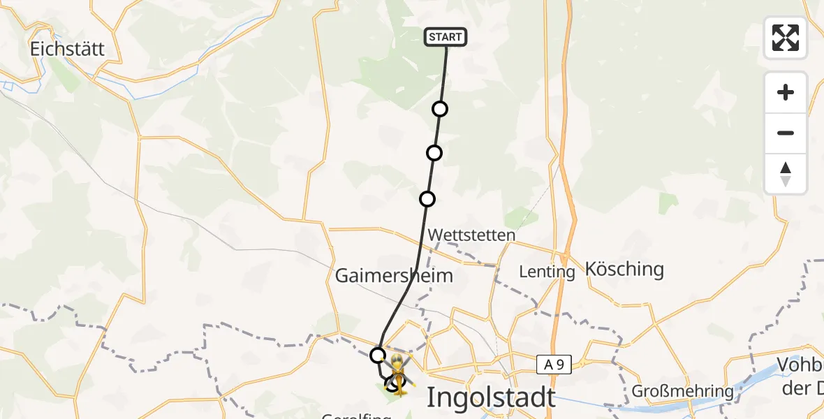 Flugroute Rettungshubschrauber Kipfenberg - Ingolstadt Hospital, 28 Juli 2026, 06:28