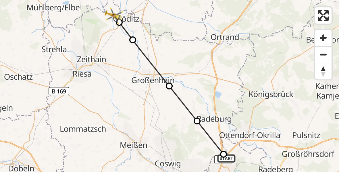 Flugroute Rettungshubschrauber Dresden Flughafen - Gröditz, 28 Juli 2026, 06:34