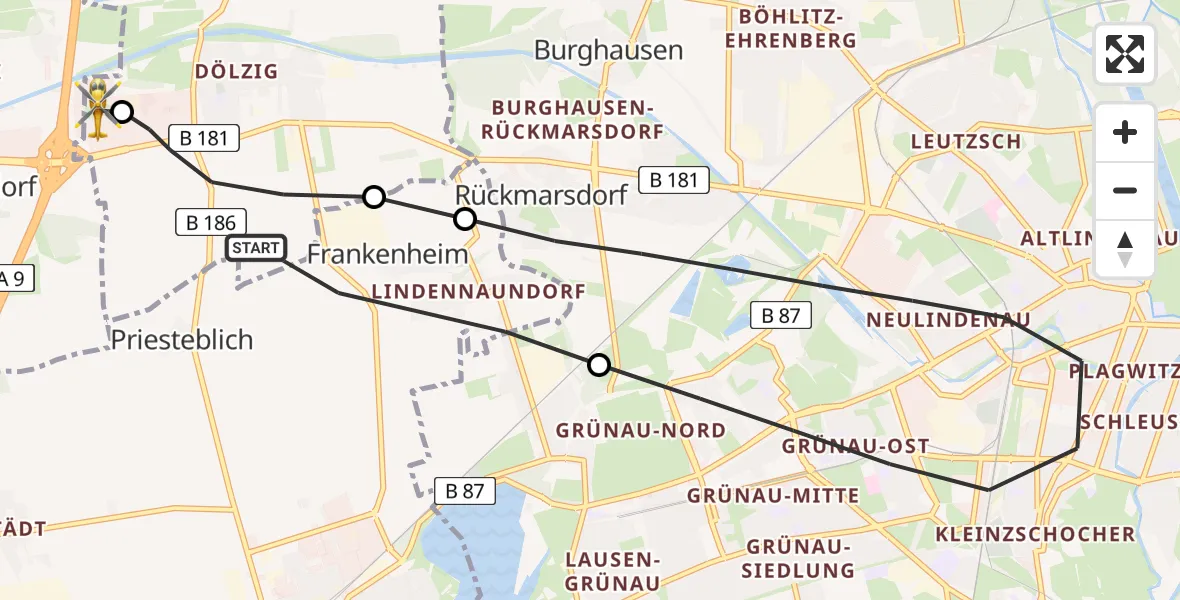 Flugroute Rettungshubschrauber Markranstädt - ADAC Air Rescue Station Leipzig/Schkeuditz-Dölzig Hubschrauberlandeplatz (Christoph 61), 28 Juli 2026, 06:38