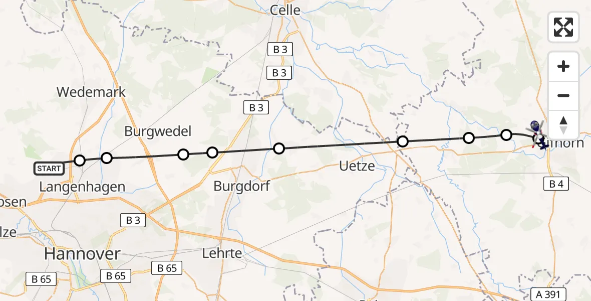 Flugroute Polizeihubschrauber Flughafen Hannover - Gifhorn Bundespolizei Hubschrauberlandeplatz, 28 Juli 2026, 06:41