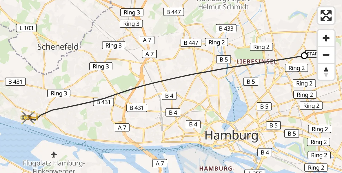 Flugroute Rettungshubschrauber Hamburg Military Hospital - Hamburg, 28 Juli 2026, 06:46