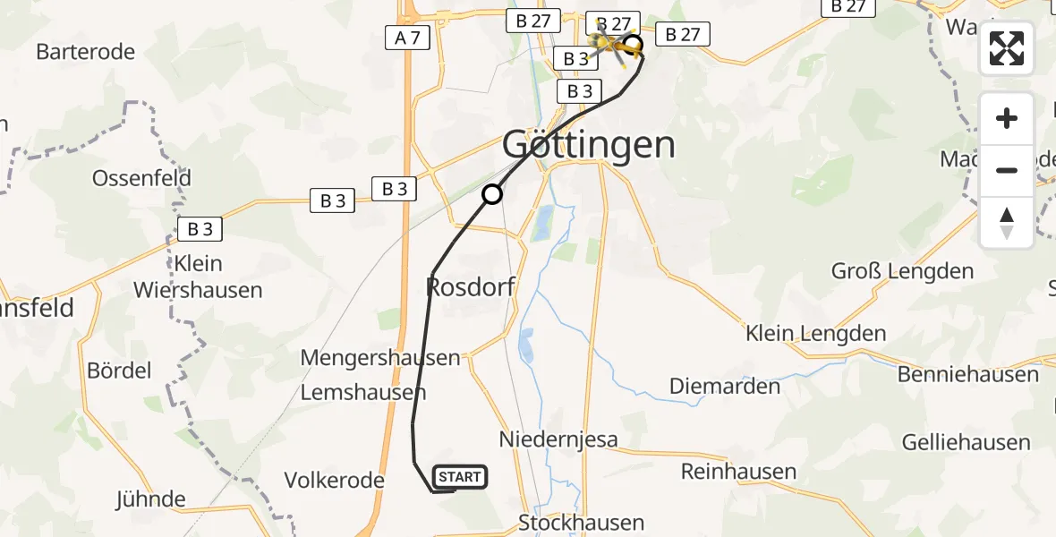Flugroute Rettungshubschrauber Rosdorf - Göttingen University Clinic Hubschrauberlandeplatz, 28 Juli 2026, 06:47