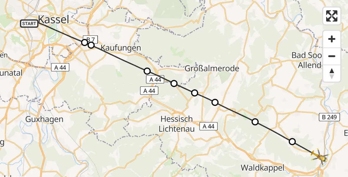 Flugroute Rettungshubschrauber Kassel - Wehretal, 28 Juli 2026, 06:47