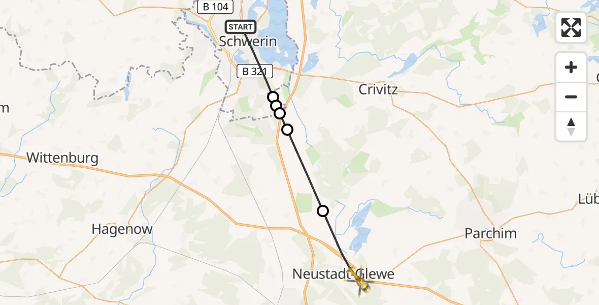 Flugroute Rettungshubschrauber Schwerin - Neustadt-Glewe, 28 Juli 2026, 06:50