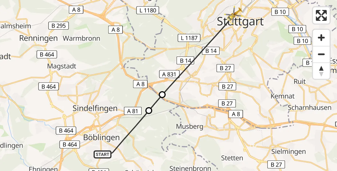 Flugroute Rettungshubschrauber Böblingen - Stuttgart, 28 Juli 2026, 06:50