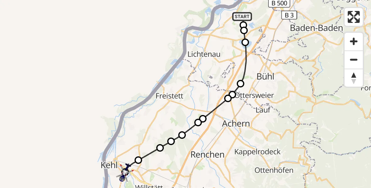 Flugroute Polizeihubschrauber Karlsruhe Baden-Baden Flughafen - Kehl-Sundheim Flugplatz, 28 Juli 2026, 06:52