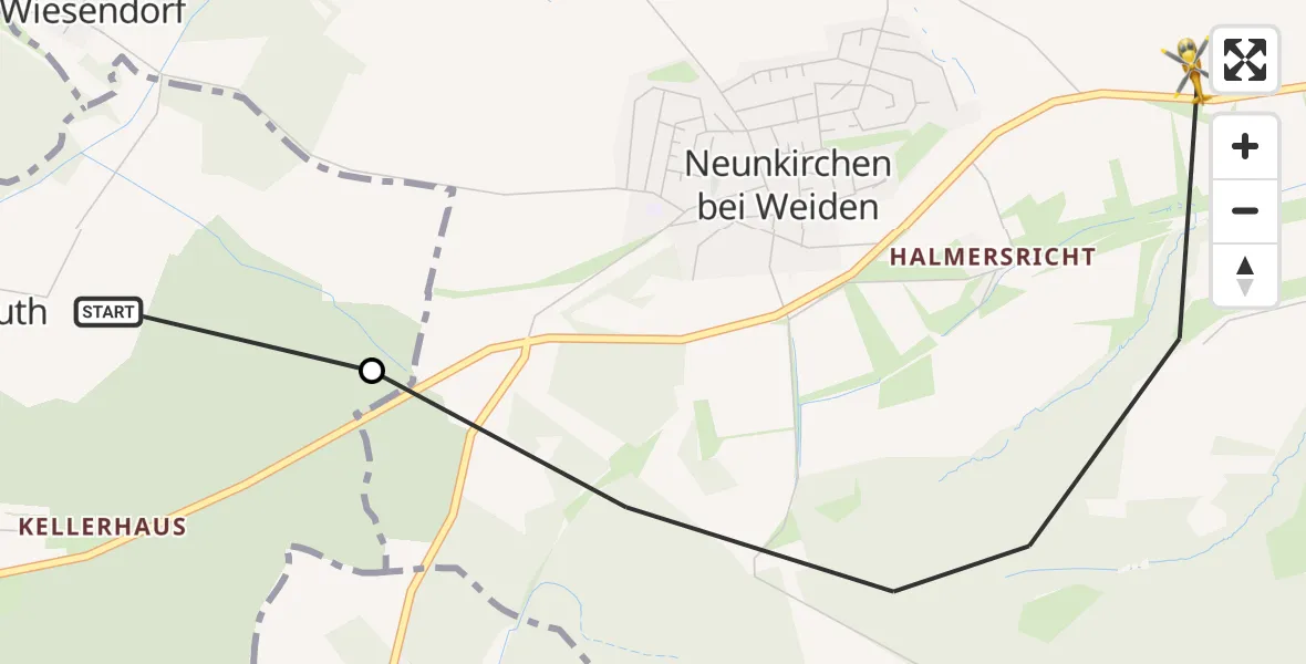 Flugroute Ambulanzhubschrauber Mantel - Weiden i.d.OPf., 28 Juli 2026, 06:58
