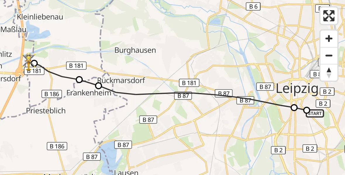 Flugroute Rettungshubschrauber Leipzig University Hospital Heliport 1 - ADAC Air Rescue Station Leipzig/Schkeuditz-Dölzig Hubschrauberlandeplatz (Christoph 61), 28 Juli 2026, 07:01