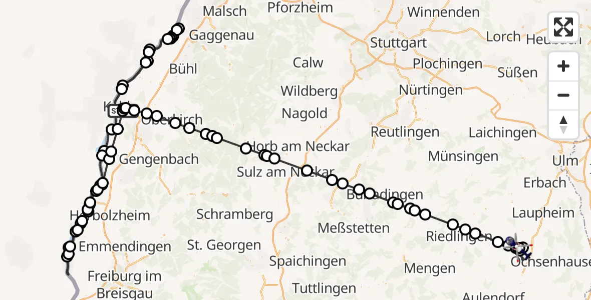 Flugroute Polizeihubschrauber Kehl-Sundheim Flugplatz - Biberach an der Riß Flugplatz, 28 Juli 2026, 07:05