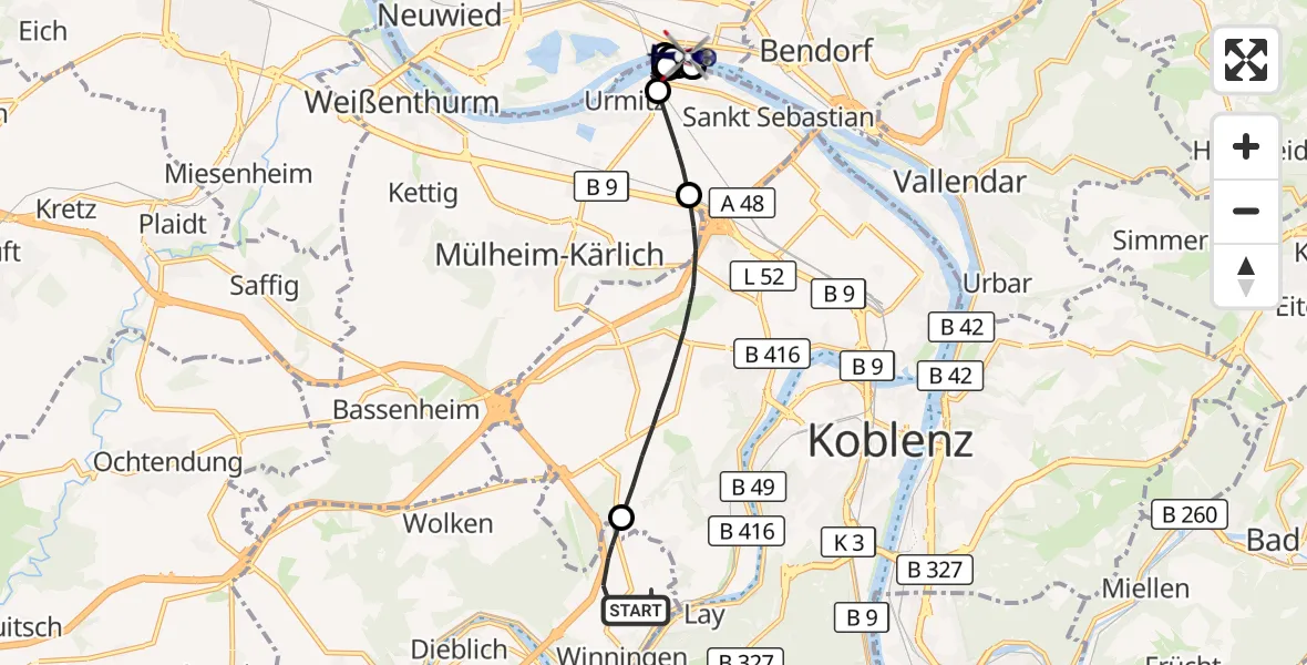 Flugroute Polizeihubschrauber Winningen - Neuwied, 28 Juli 2026, 07:08