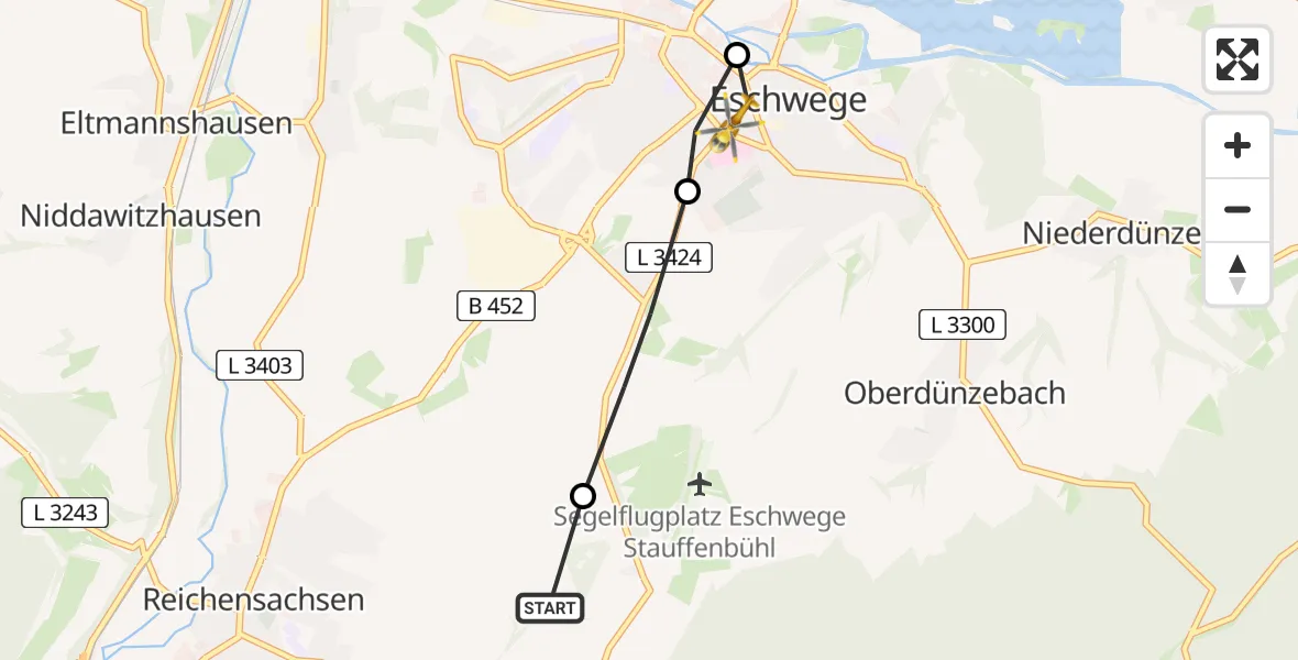 Flugroute Rettungshubschrauber Wehretal - Werra-Meißner Eschwege Hospital Hubschrauberlandeplatz, 28 Juli 2026, 07:21