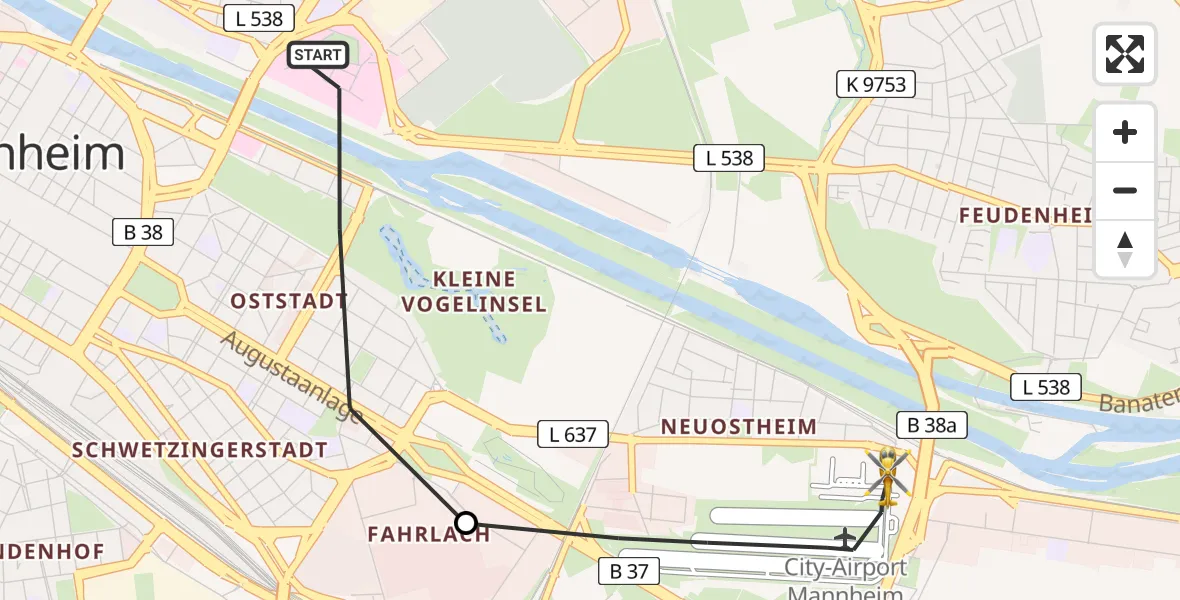 Flugroute Rettungshubschrauber Mannheim - Mannheim-City Flughafen, 28 Juli 2026, 07:27