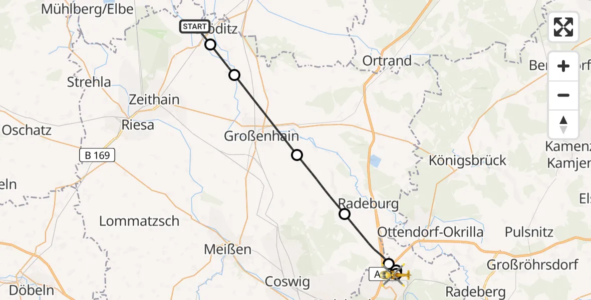 Flugroute Rettungshubschrauber Gröditz - Dresden Bundespolizei Hubschrauberlandeplatz, 28 Juli 2026, 07:28