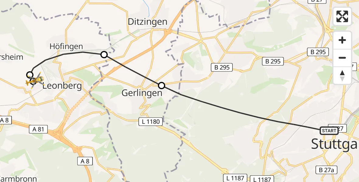 Flugroute Rettungshubschrauber Stuttgart - Leonberg Hospital, 28 Juli 2026, 07:34