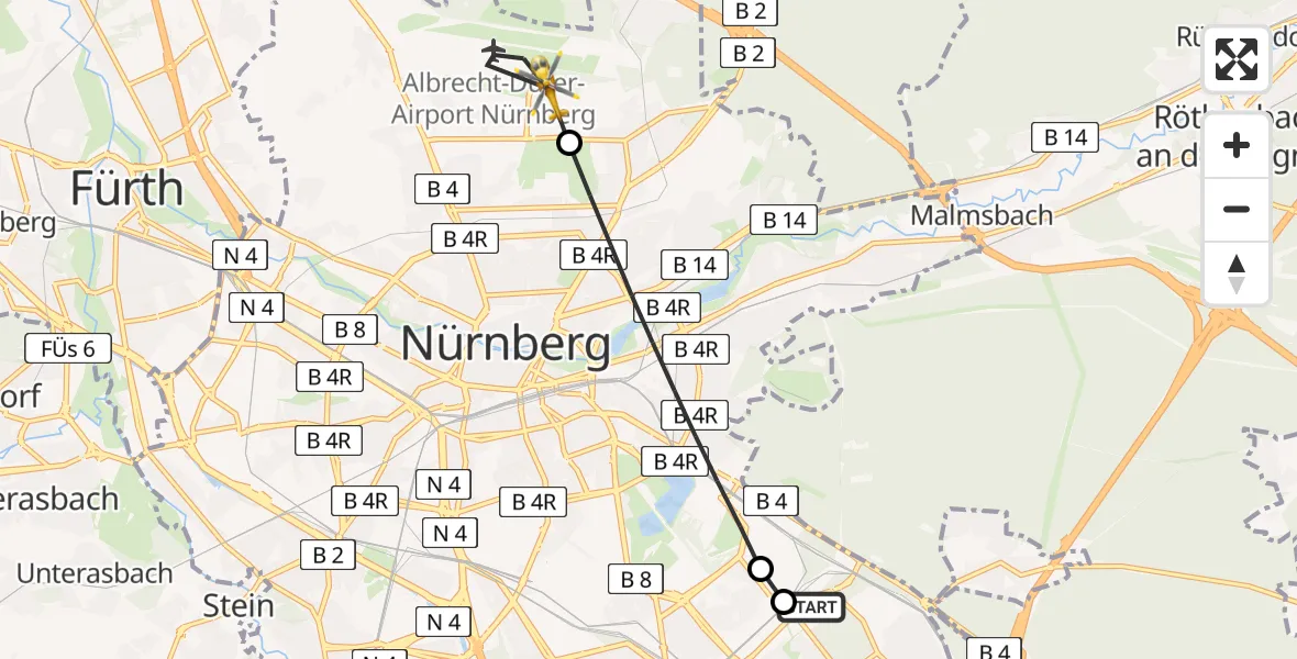 Flugroute Ambulanzhubschrauber Nürnberg South Hospital - Flughafen Nuremberg, 28 Juli 2026, 07:33