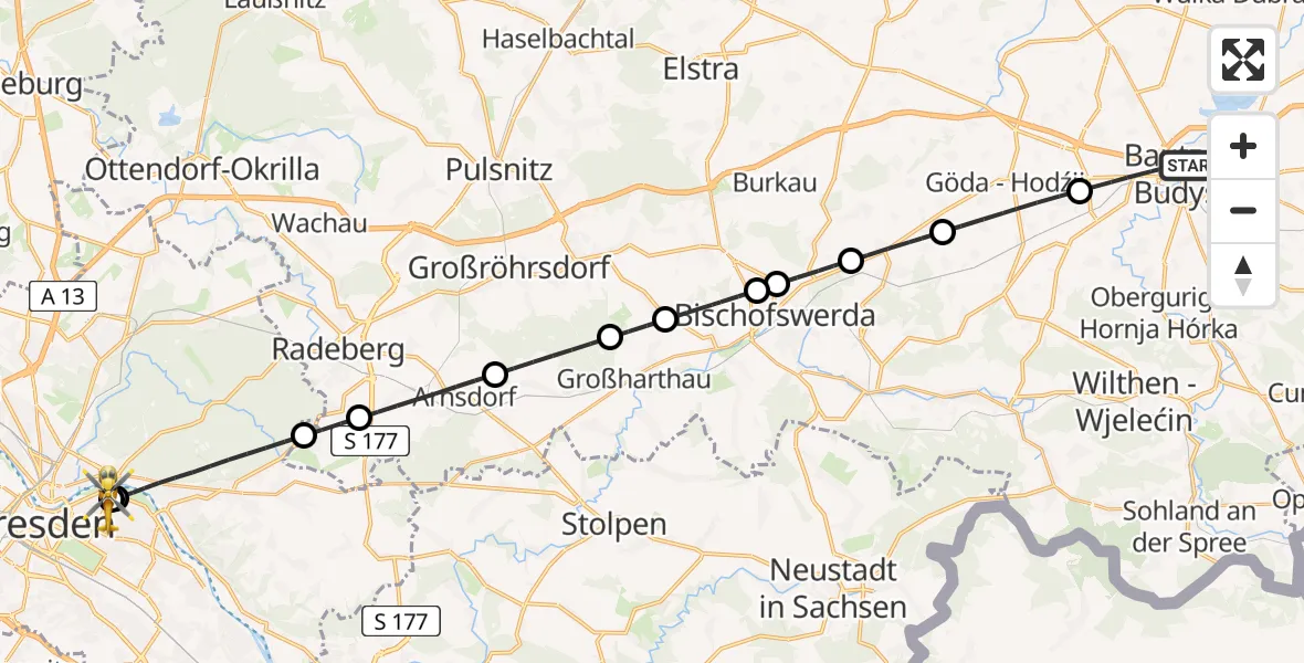 Flugroute Rettungshubschrauber Bautzen - Dresden University Hospital, 28 Juli 2026, 07:37