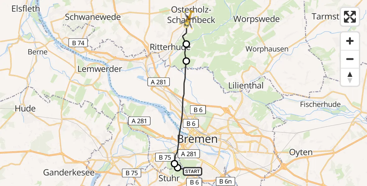 Flugroute Rettungshubschrauber Flughafen Bremen - Osterholz-Scharmbeck, 28 Juli 2026, 07:38