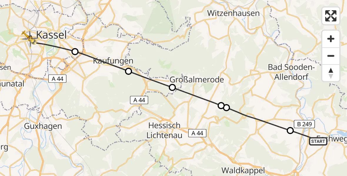 Flugroute Rettungshubschrauber Eschwege - Kassel, 28 Juli 2026, 07:46