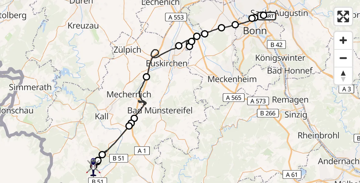 Flugroute Polizeihubschrauber Sankt Augustin - Dahlem, 28 Juli 2026, 07:52