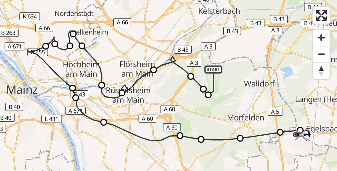 Flugroute Polizeihubschrauber Rüsselsheim am Main - Flughafen Frankfurt-Egelsbach, 28 Juli 2026, 07:56