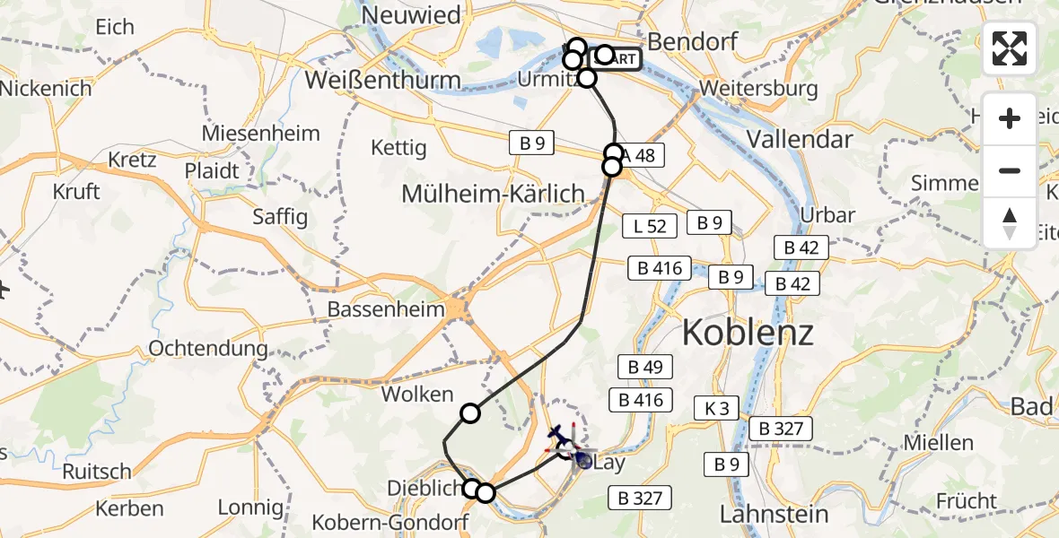 Flugroute Polizeihubschrauber Neuwied - Koblenz-Winningen Flugplatz, 28 Juli 2026, 08:01
