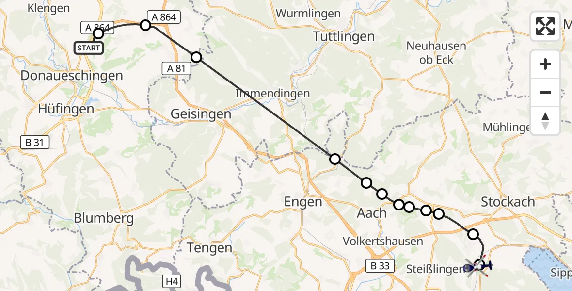Flugroute Polizeihubschrauber Donaueschingen-Villingen Flugplatz - Radolfzell-Stahlringen Flugplatz, 28 Juli 2026, 08:02