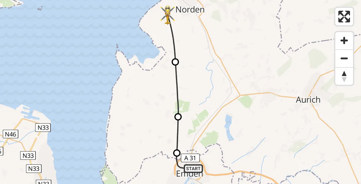 Flugroute Ambulanzhubschrauber Emden - Norden, 28 Juli 2026, 08:03