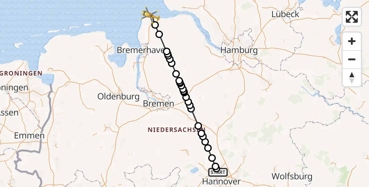 Flugroute Rettungshubschrauber Flughafen Hannover - Cuxhaven, 28 Juli 2026, 08:14