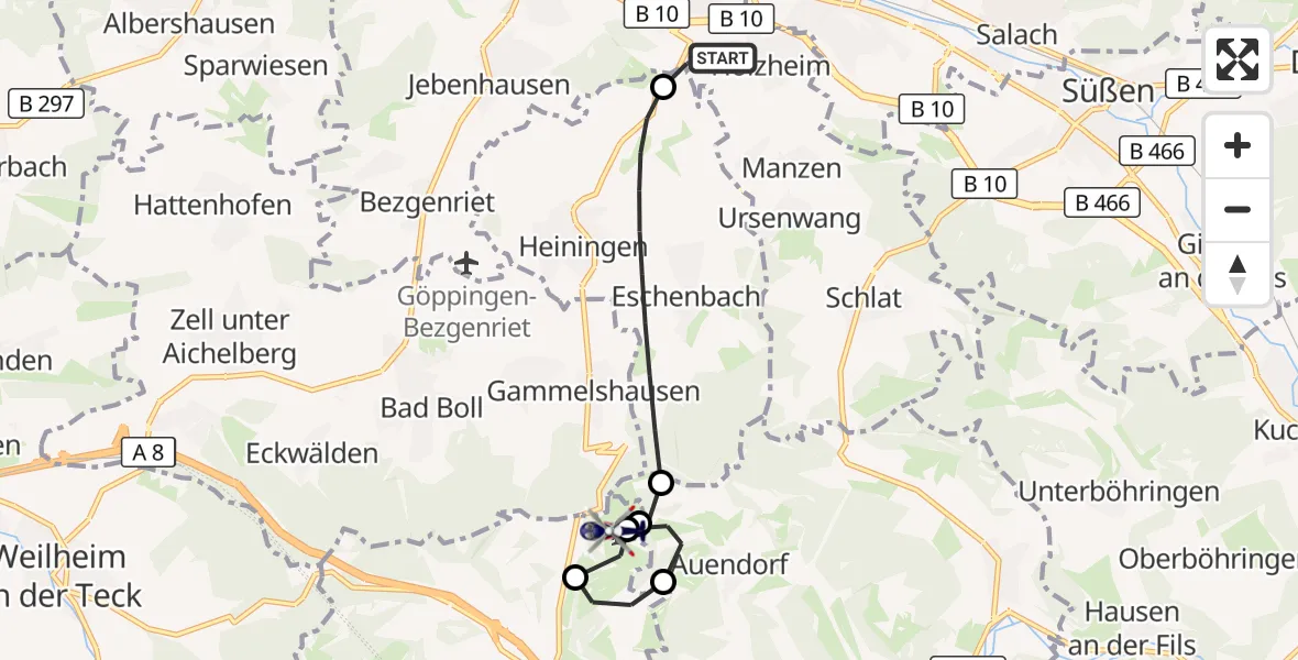 Flugroute Polizeihubschrauber Göppingen - Gruibingen-Nortel Flugplatz, 28 Juli 2026, 08:19