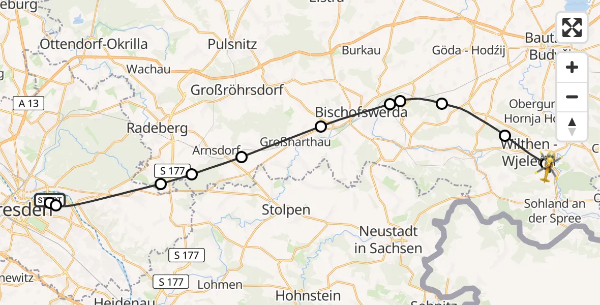 Flugroute Rettungshubschrauber Dresden University Hospital - Schirgiswalde-Kirschau, 28 Juli 2026, 08:22
