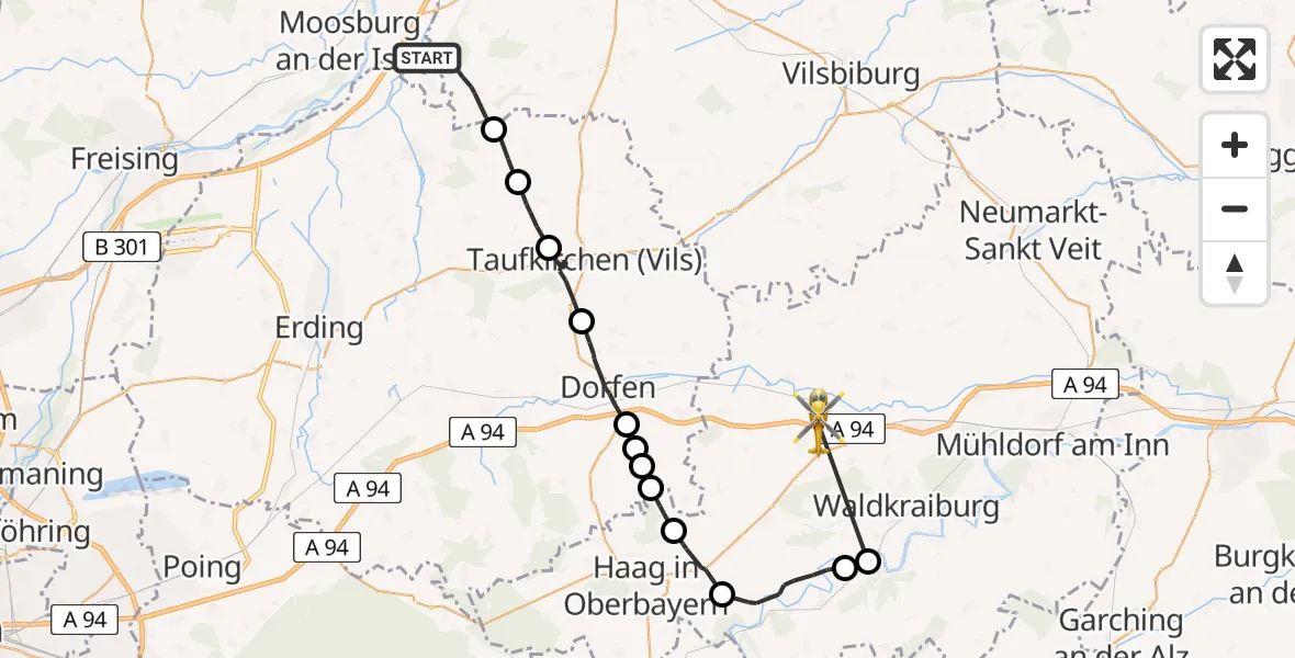 Flugroute Rettungshubschrauber Buch a.Erlbach - Rattenkirchen, 28 Juli 2026, 08:21