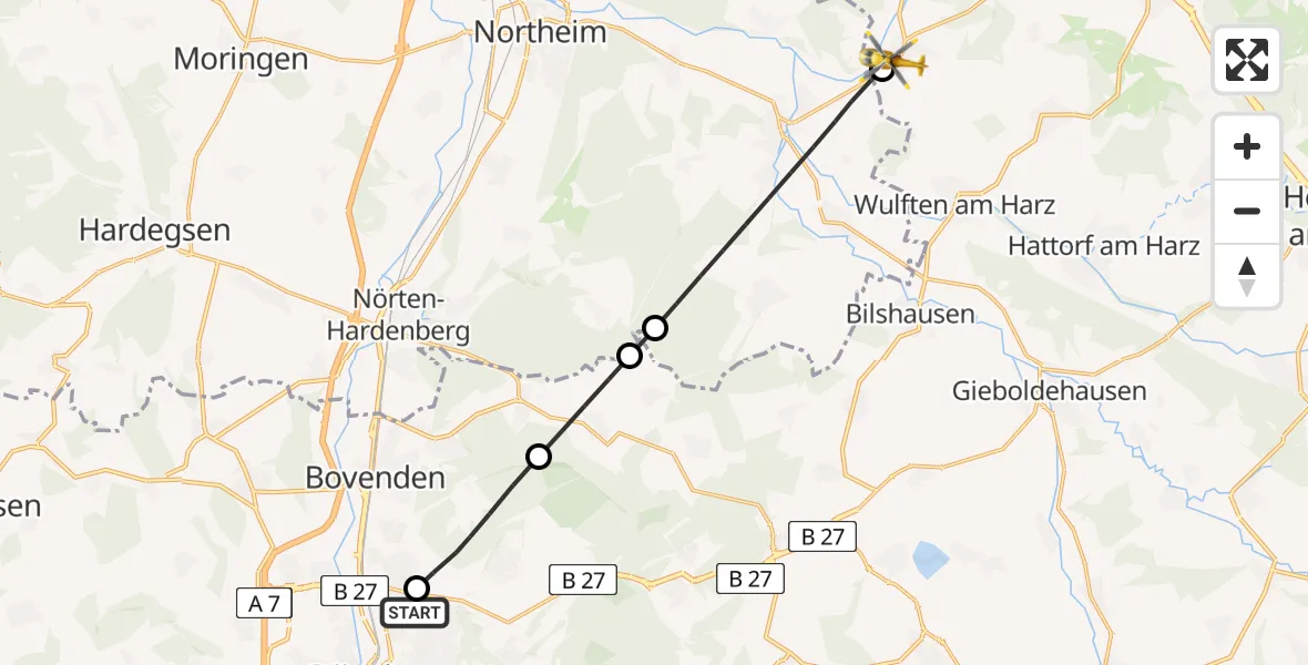 Flugroute Rettungshubschrauber Göttingen University Clinic Hubschrauberlandeplatz - Osterode am Harz, 28 Juli 2026, 08:23