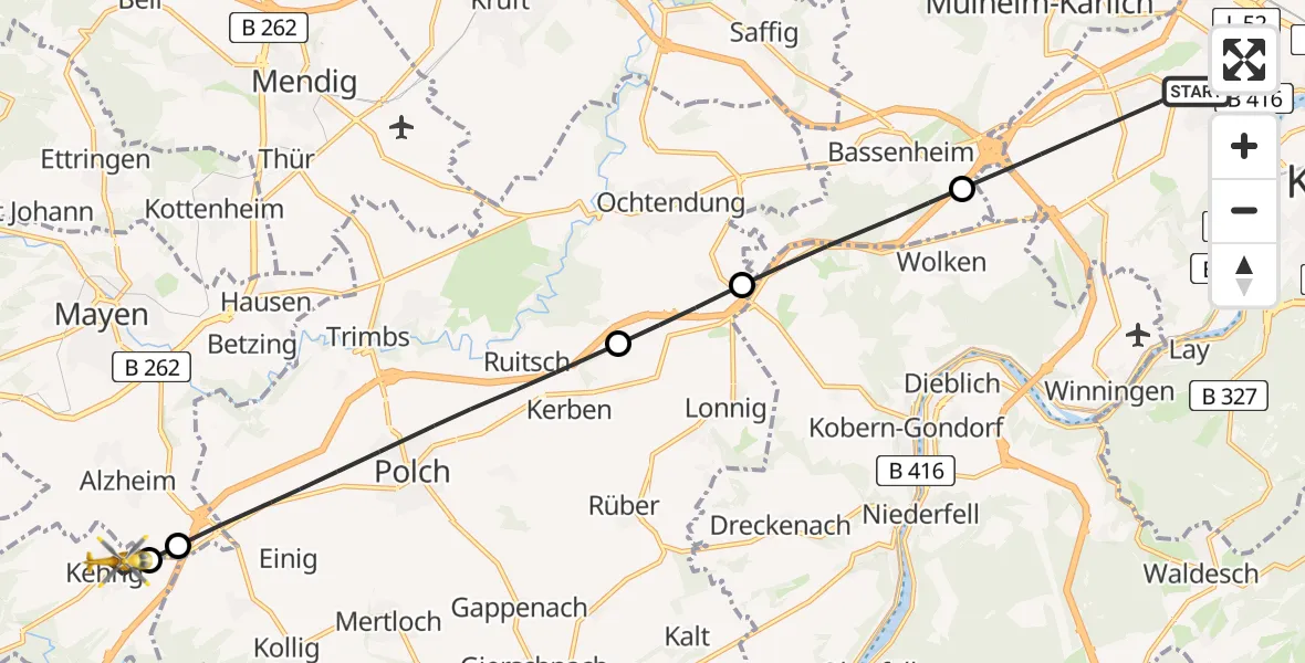 Flugroute Rettungshubschrauber Koblenz - Kehrig, 28 Juli 2026, 08:34