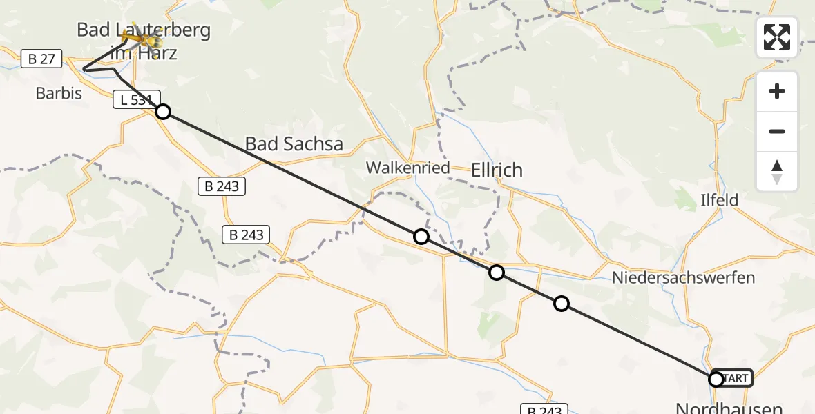 Flugroute Rettungshubschrauber Südharz Hospital Nordhausen - Bad Lauterberg im Harz, 28 Juli 2026, 08:40