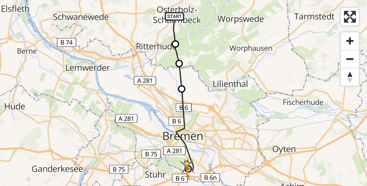 Flugroute Rettungshubschrauber Osterholz-Scharmbeck - ADAC Air Rescue Station Bremen Hubschrauberlandeplatz (Christoph 6), 28 Juli 2026, 08:42