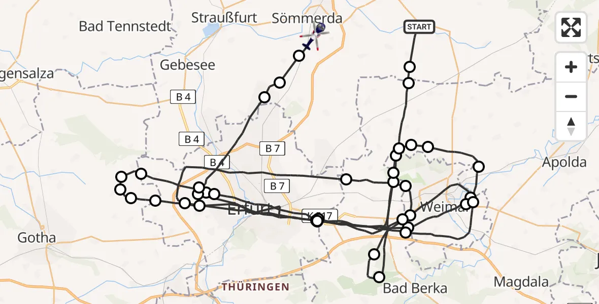 Flugroute Polizeihubschrauber Kleinneuhausen - Sömmerda, 28 Juli 2026, 08:45
