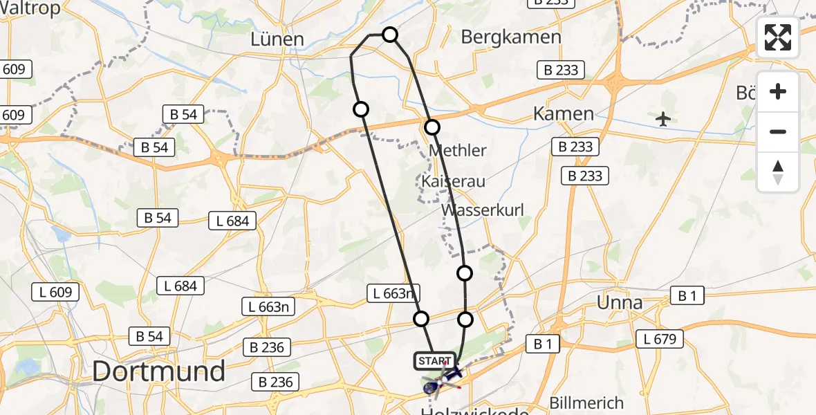 Flugroute Polizeihubschrauber Dortmund Flughafen - Dortmund Flughafen, 28 Juli 2026, 08:45