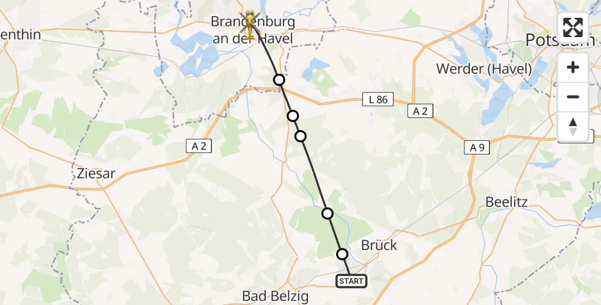 Flugroute Rettungshubschrauber Bad Belzig - Brandenburg an der Havel, 28 Juli 2026, 08:47