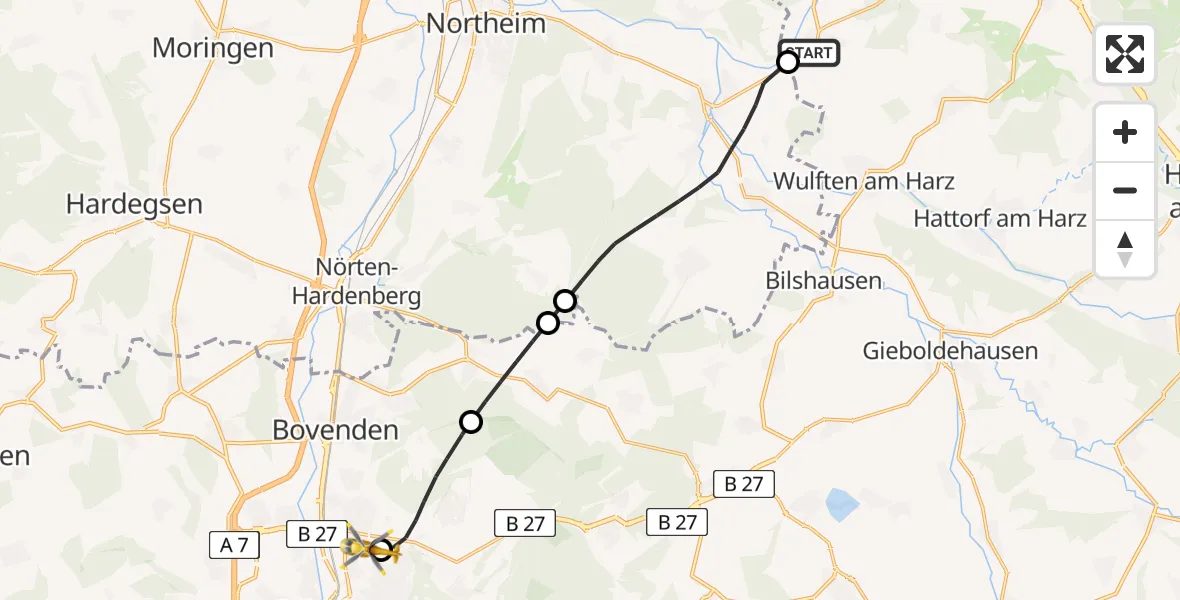 Flugroute Rettungshubschrauber Osterode am Harz - Göttingen University Clinic Hubschrauberlandeplatz, 28 Juli 2026, 08:59