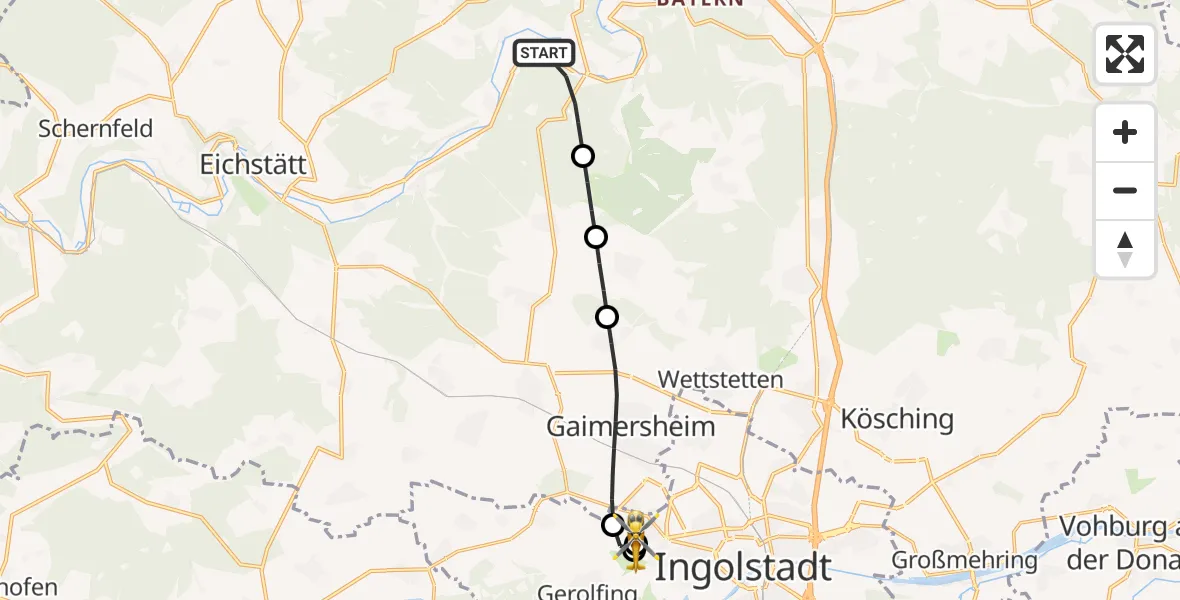 Flugroute Rettungshubschrauber Walting - Ingolstadt Hospital, 28 Juli 2026, 09:05