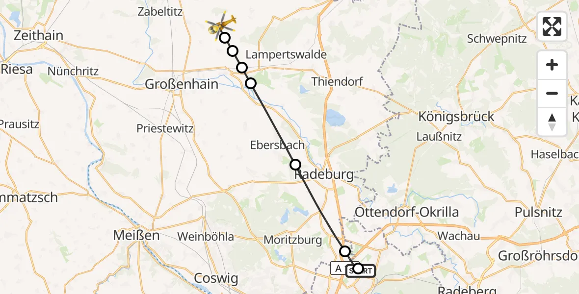 Flugroute Rettungshubschrauber Dresden Bundespolizei Hubschrauberlandeplatz - Großenhain, 28 Juli 2026, 09:08