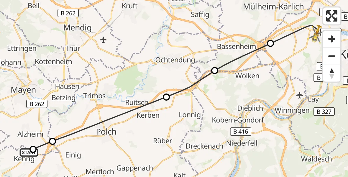 Flugroute Rettungshubschrauber Kehrig - Koblenz, 28 Juli 2026, 09:11