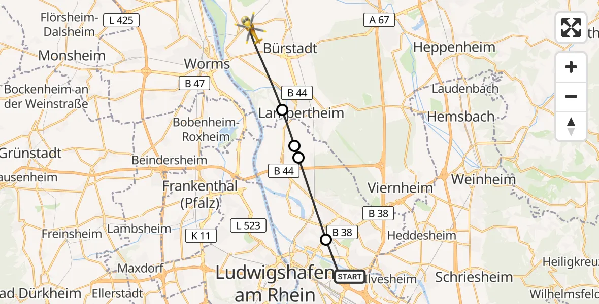 Flugroute Rettungshubschrauber Mannheim-City Flughafen - Lampertheim, 28 Juli 2026, 09:12