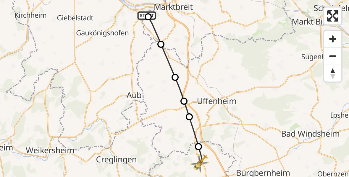 Flugroute Rettungshubschrauber Ochsenfurt Hospital - Ohrenbach, 28 Juli 2026, 09:13